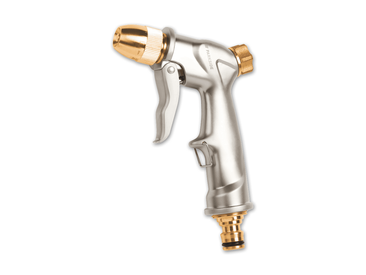 Gartenspritze aus Metall mit goldfarbenen Akzenten