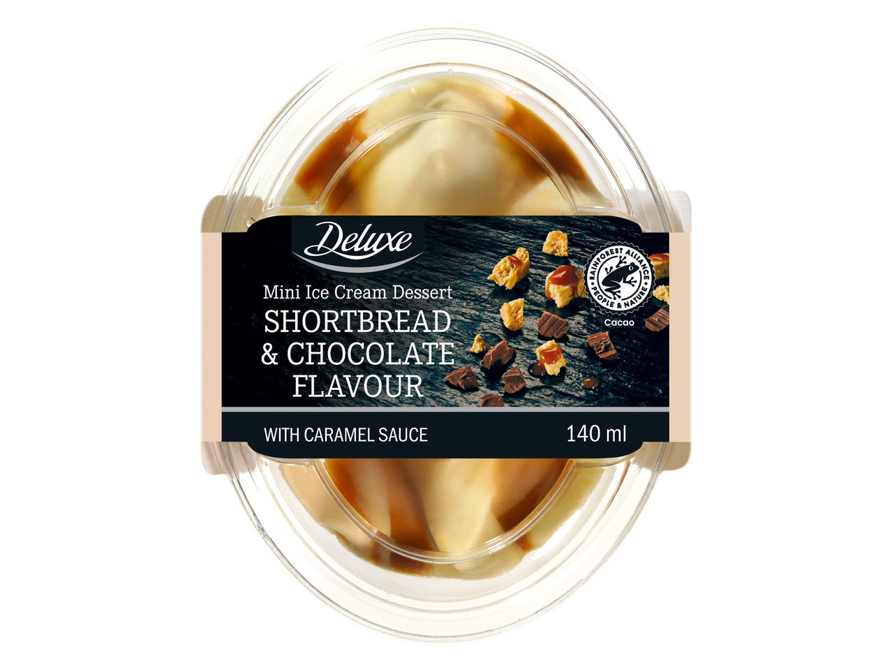 'Deluxe' prekės ženklo miniatiūrinis šortbredinio ir šokolado skonio ledo deserto puodelio vaizdas.