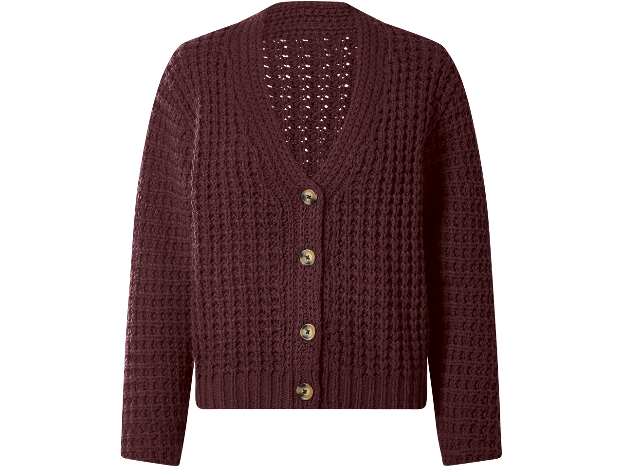 Bordo spalvos megztas kardiganas su sagomis ir ažūrinėmis detalėmis.