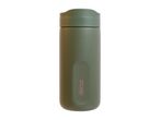 A matte olive green insulated travel mug with a curved lid and a subtle debossed logo.