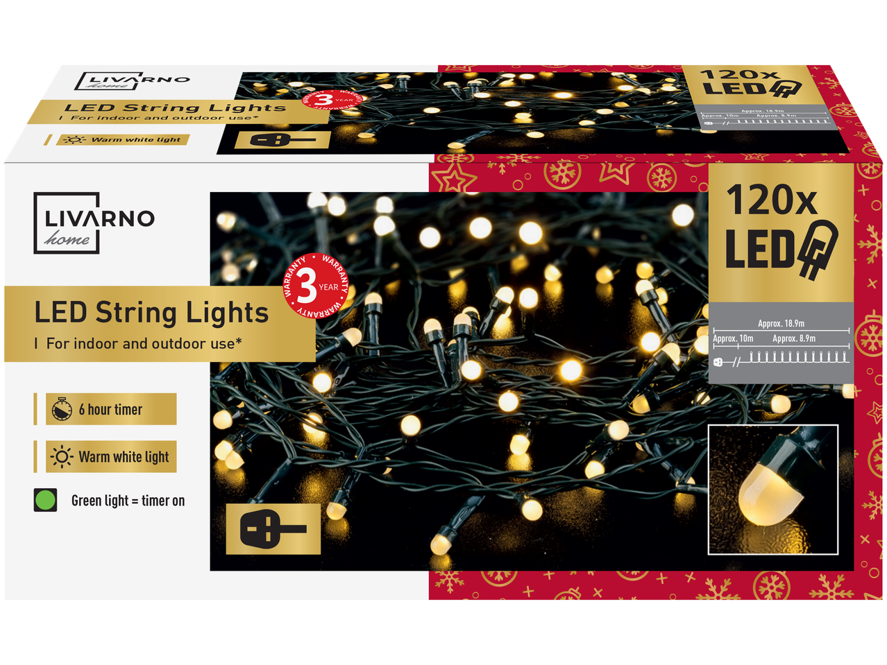 LIVARNO home LED String Lights with 120 warm white LEDs, 6-hour timer, and 3-year warranty.