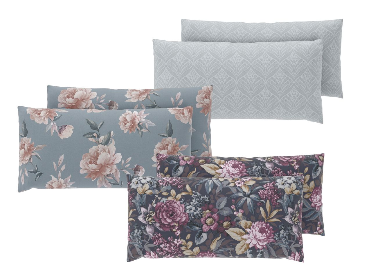 Drei Paare von Kissen mit floralen und Blattmustern in verschiedenen Farben.