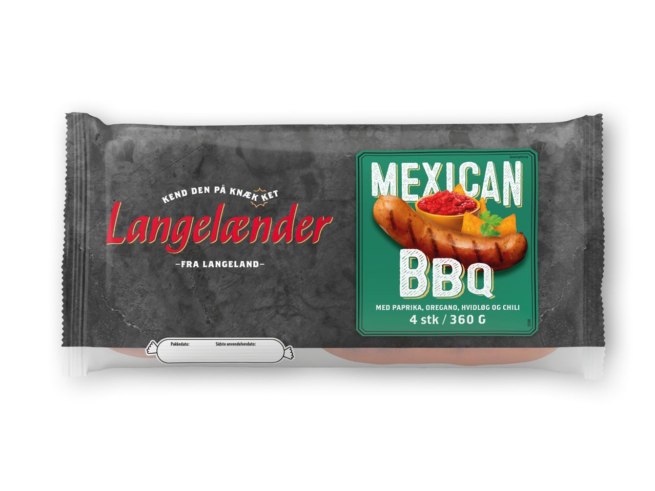 Pakke med fire Langelænder Mexican BBQ pølser (360g).