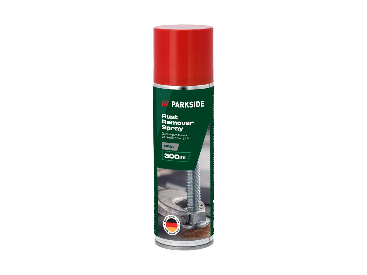 Parkside rustfjernerspray (300ml), grå, hurtigtvirkende på stærkt rustne samlinger.