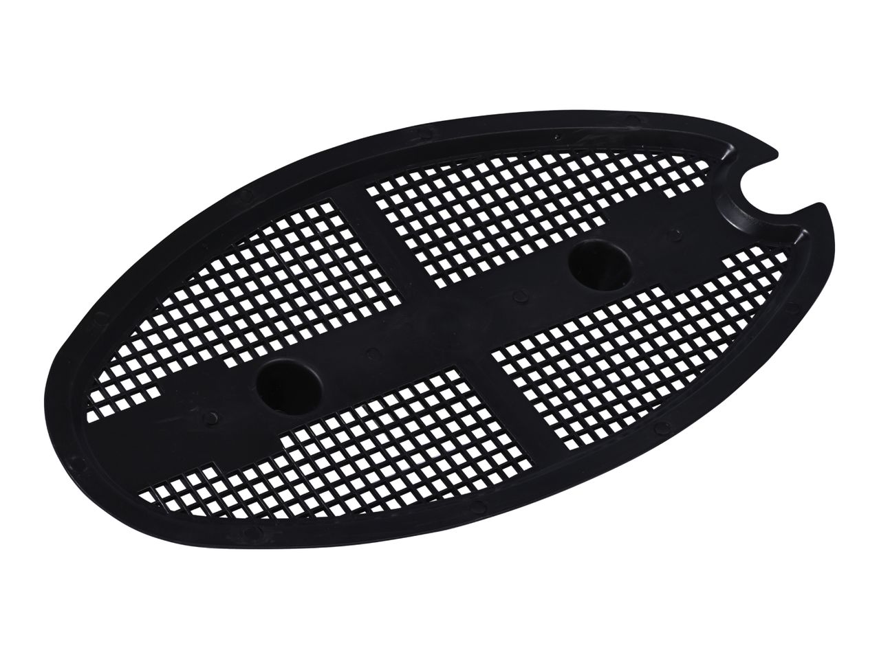Black oval-shaped plastic grid with two circular holes and a cut-out on one end.