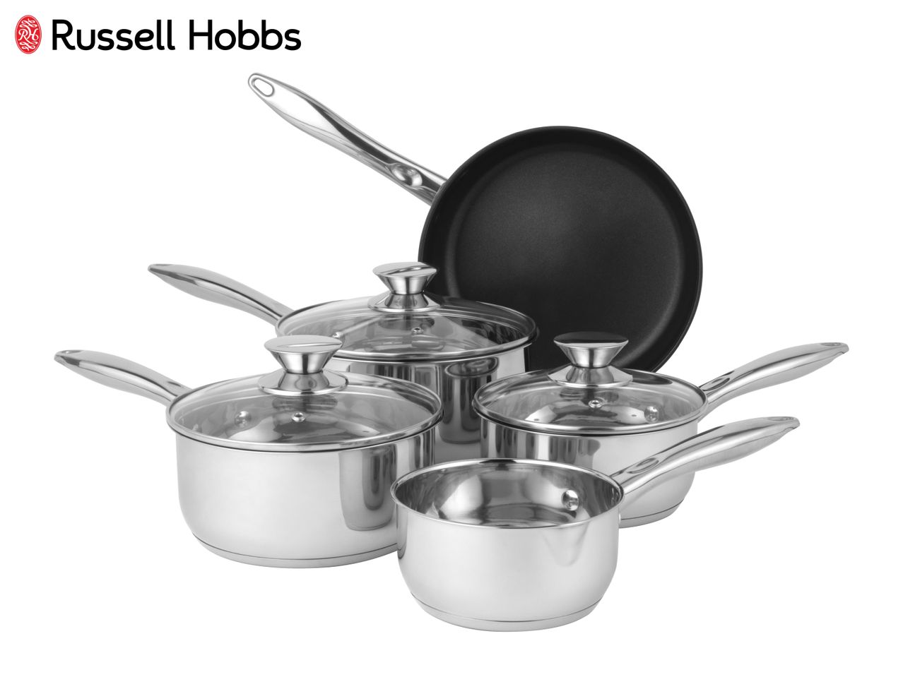 A set of stainless steel pots and pans with glass lids, including a frying pan.