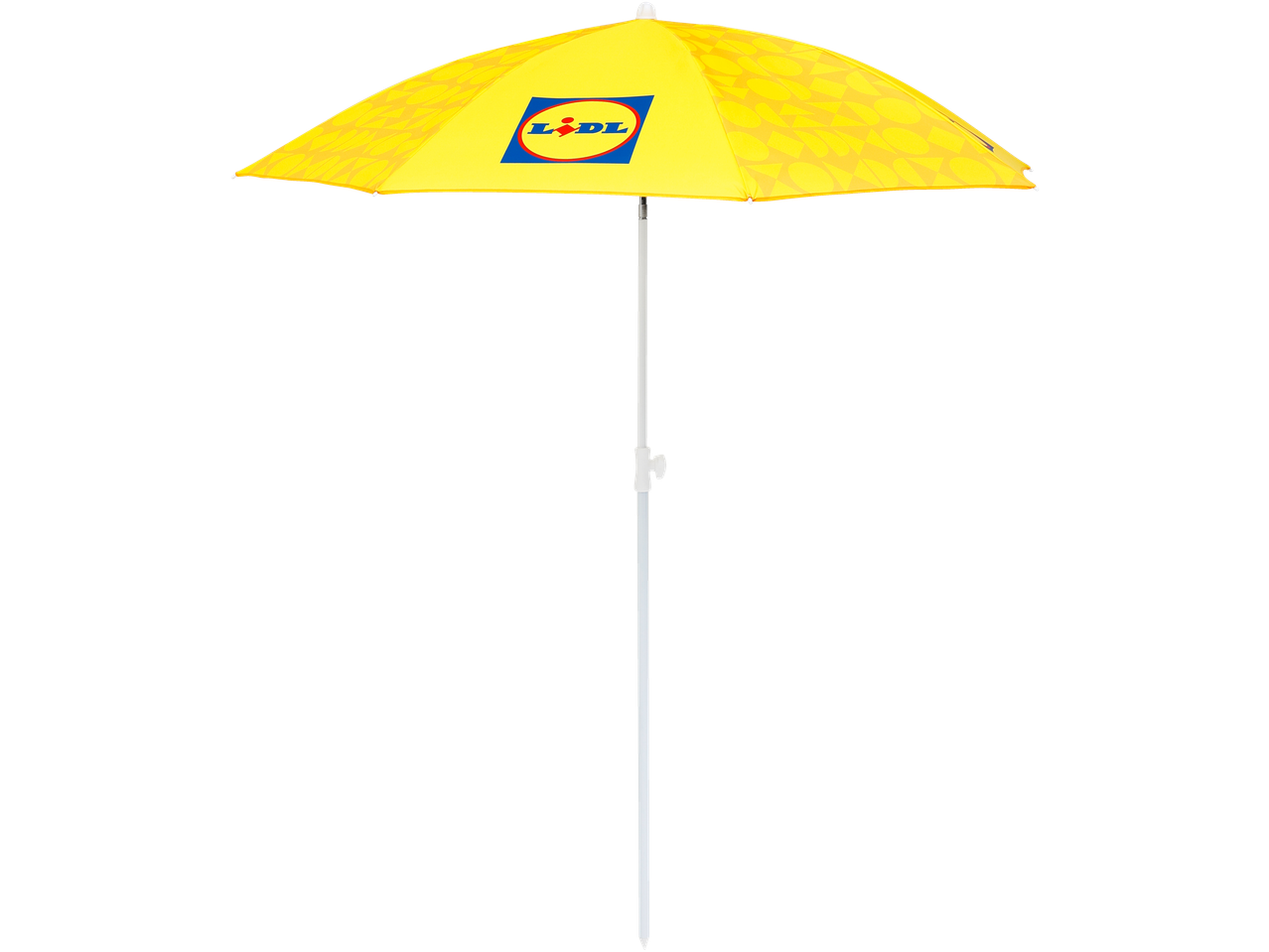 Жълт плажен чадър с лого на Lidl и шарка