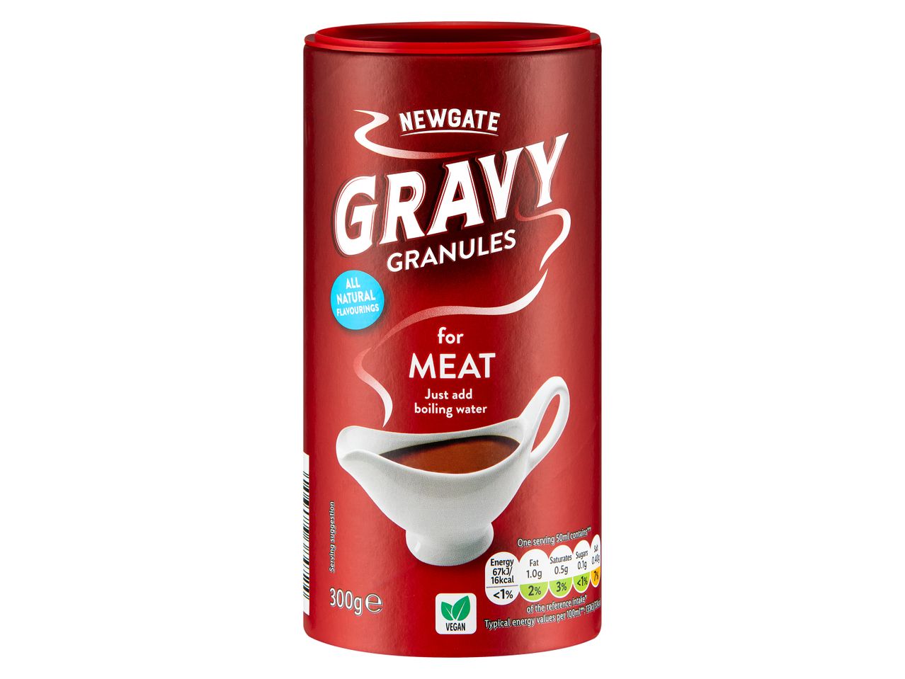 Newgate Gravy Granules for meat, 300g, with nutritional information.