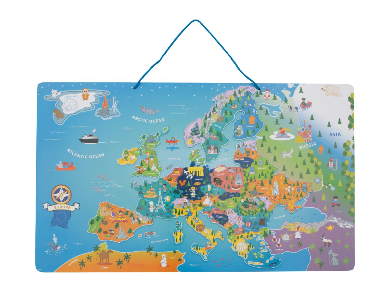 Colorful children's map of Europe with country names, landmarks, and animals.