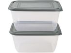 Two stackable plastic food storage containers with gray lids.