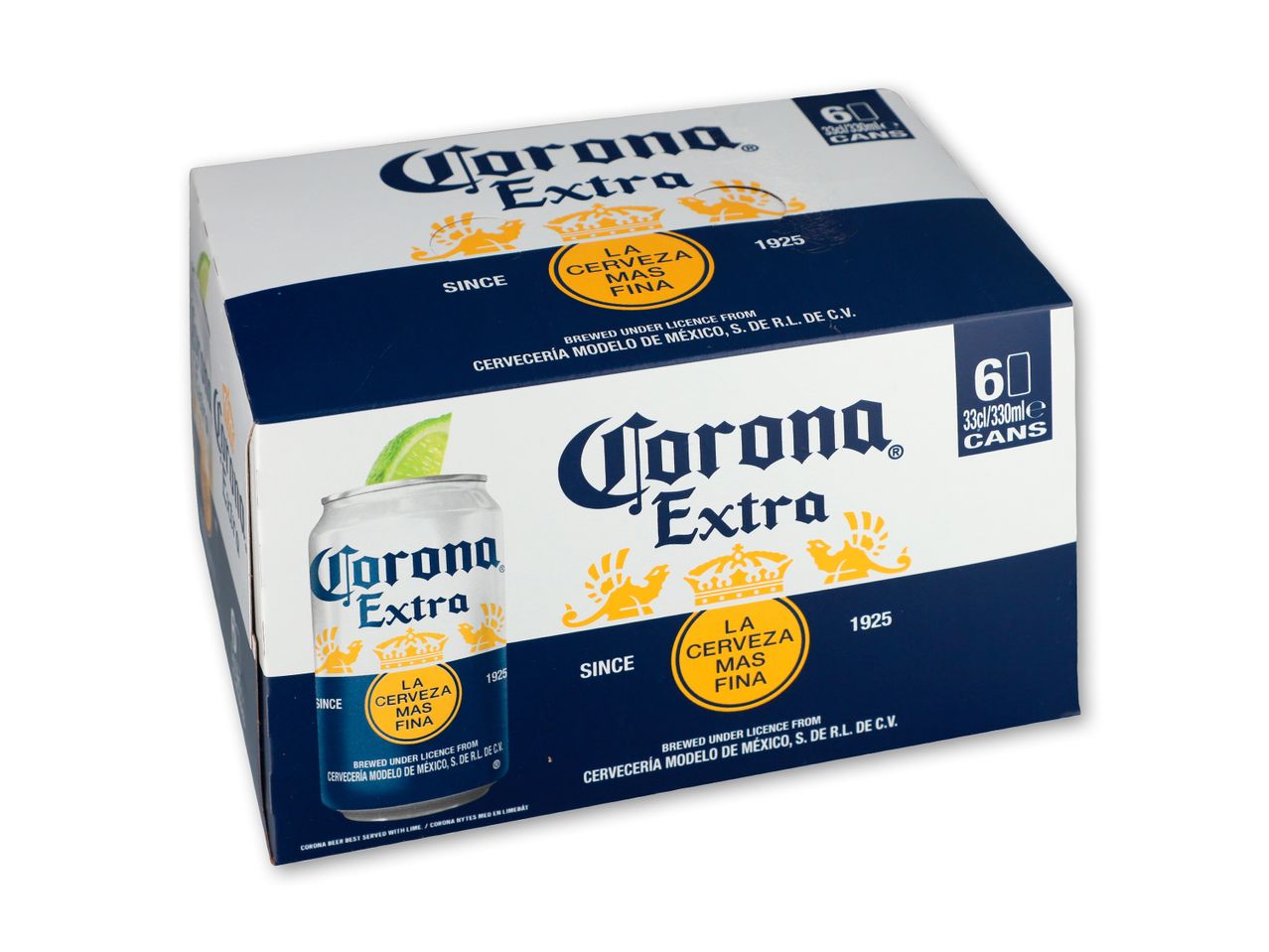 En kasse med 6 Corona Extra øl på 33 cl.