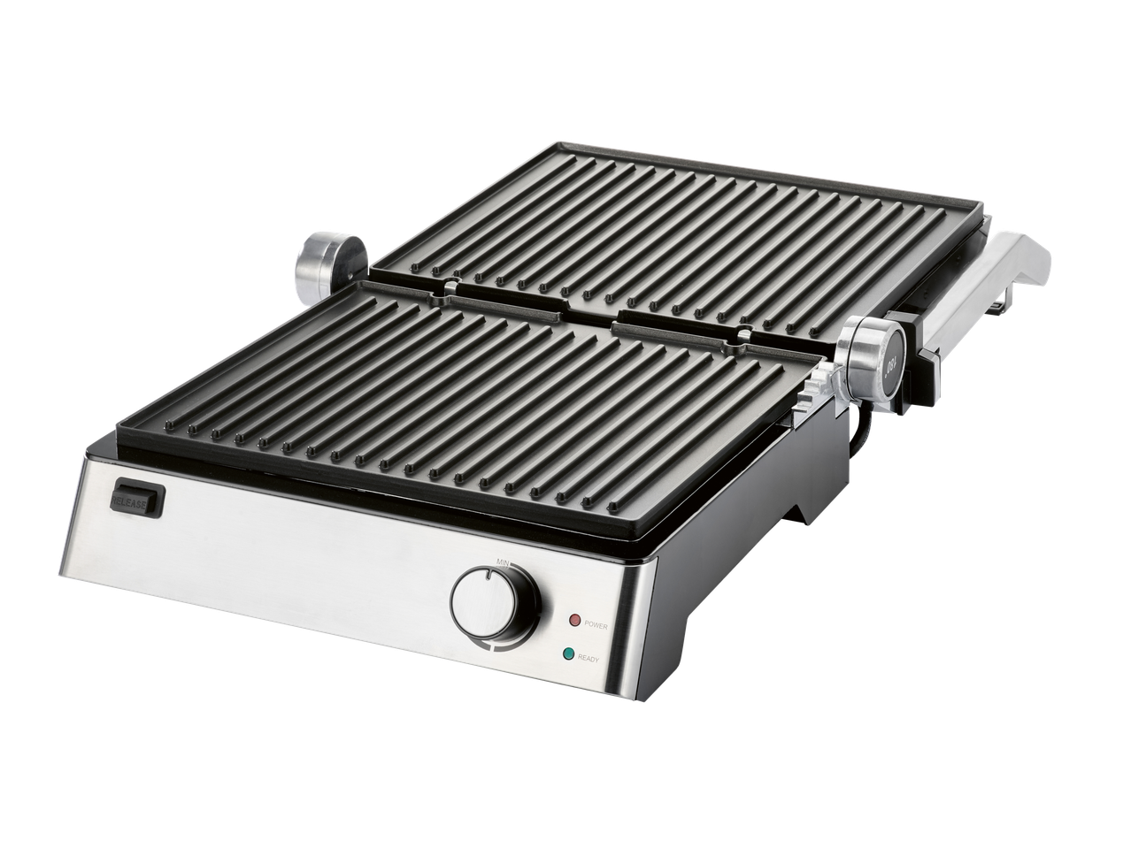 SILVERCREST 3-in-1 grilis su atviromis kepimo plokštėmis ir valdymo rankenėlėmis juodame fone.