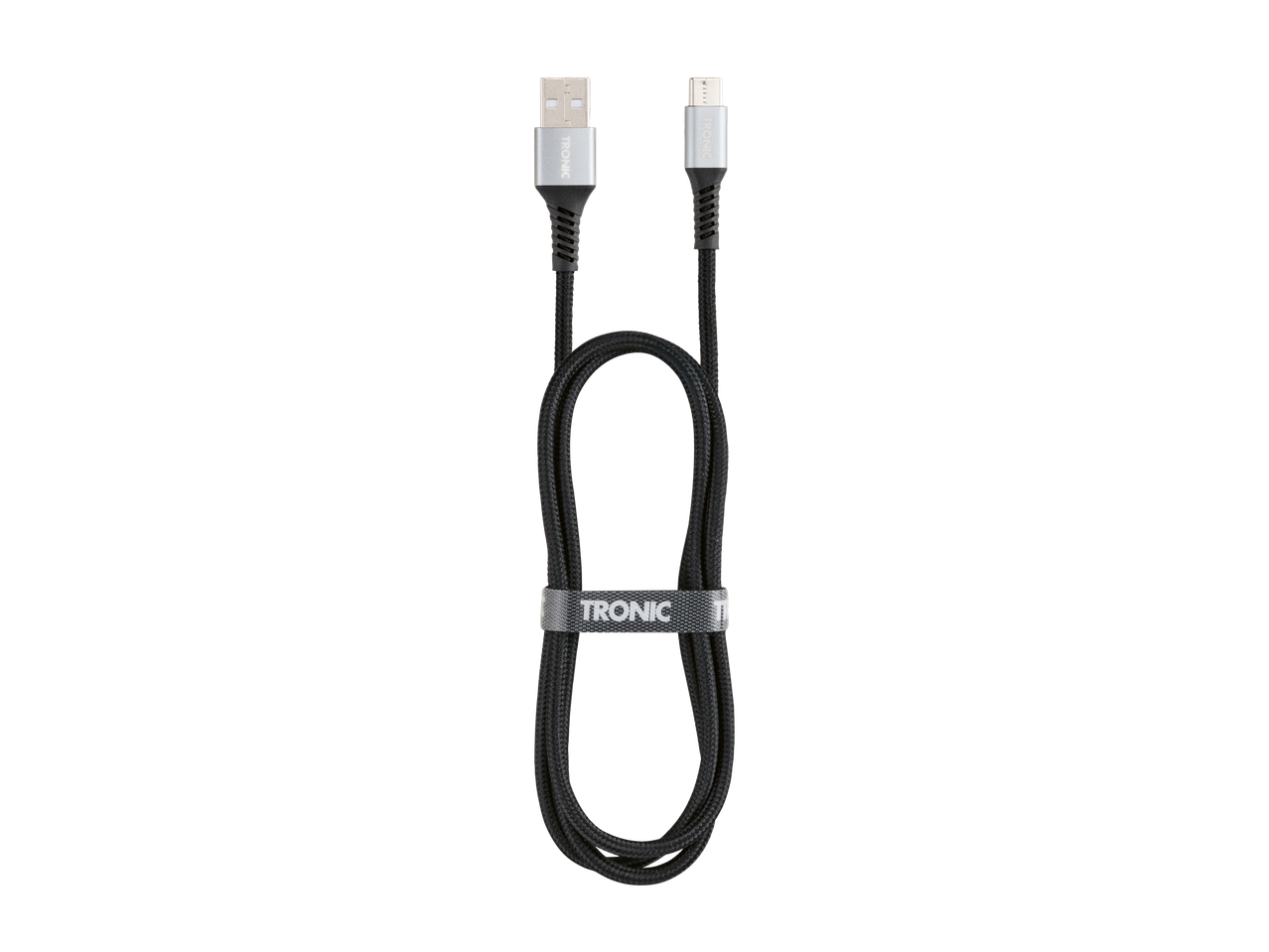 Καλώδιο φόρτισης και δεδομένων Tronic USB-A σε USB-C, μαύρο, τυλιγμένο.