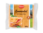 Pakke med 10 skiver blød Emmentalerost, med et billede af en sandwich og et bjerglandskab.
