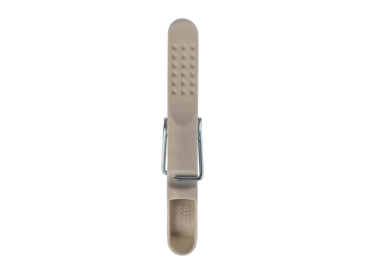 A beige plastic clothespin with a metal spring.