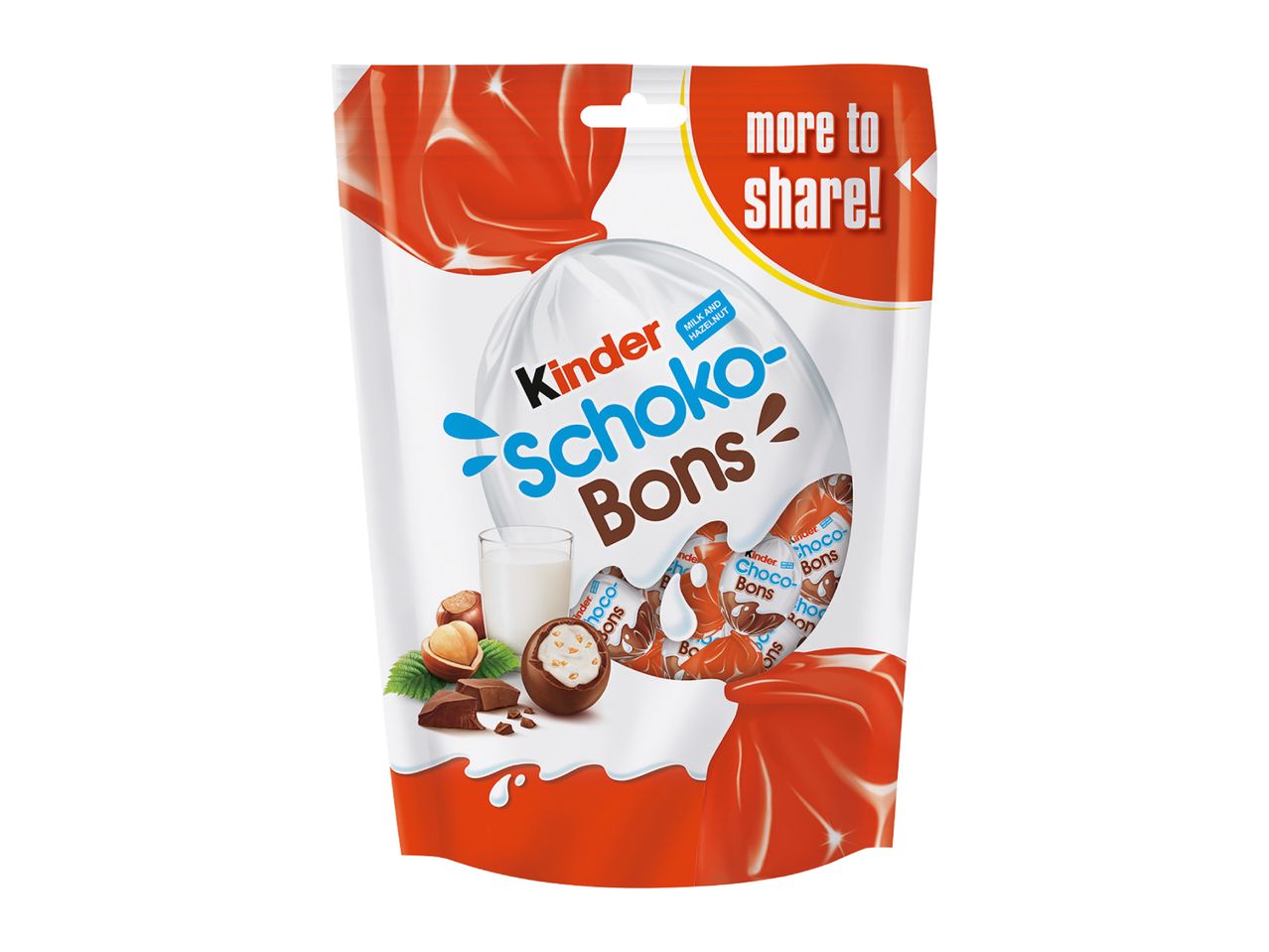 Pouch of chocolate bonbons with milk and hazelnut filling, with text 'more to share!'
