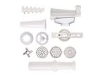 Meat grinder attachments including a sausage stuffer, shredder, and various grinding plates.