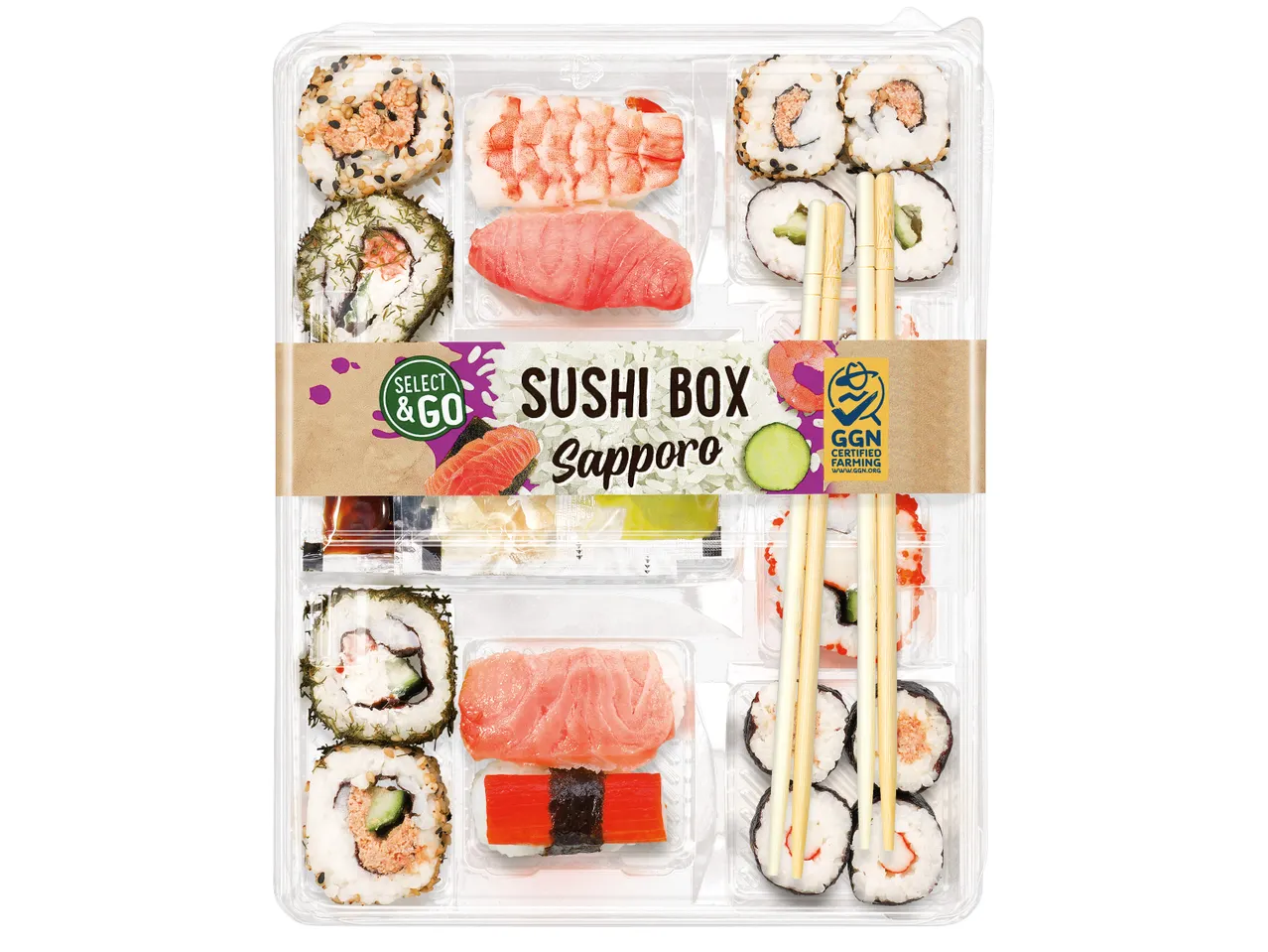 Кутия за суши Select & Go Sapporo с различни видове суши, включително маки и нигири.