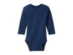Dark blue long-sleeved baby bodysuit with snap closures