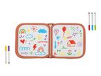 Open drawing board with colorful doodles and markers on a white background.
