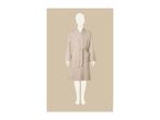 Beige waffle weave bathrobe with a tie belt and pockets on a mannequin.