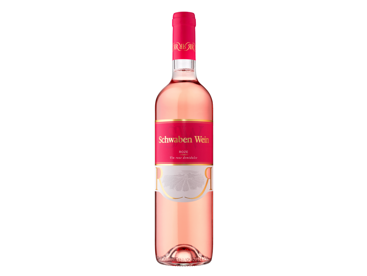 O sticlă de vin Schwaben Wein Rosé cu etichetă roz și accente aurii.