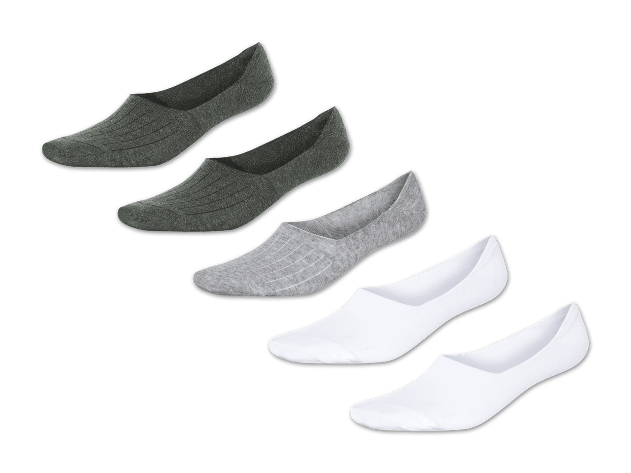 Fünf Paar Socken in Grau und Weiß.