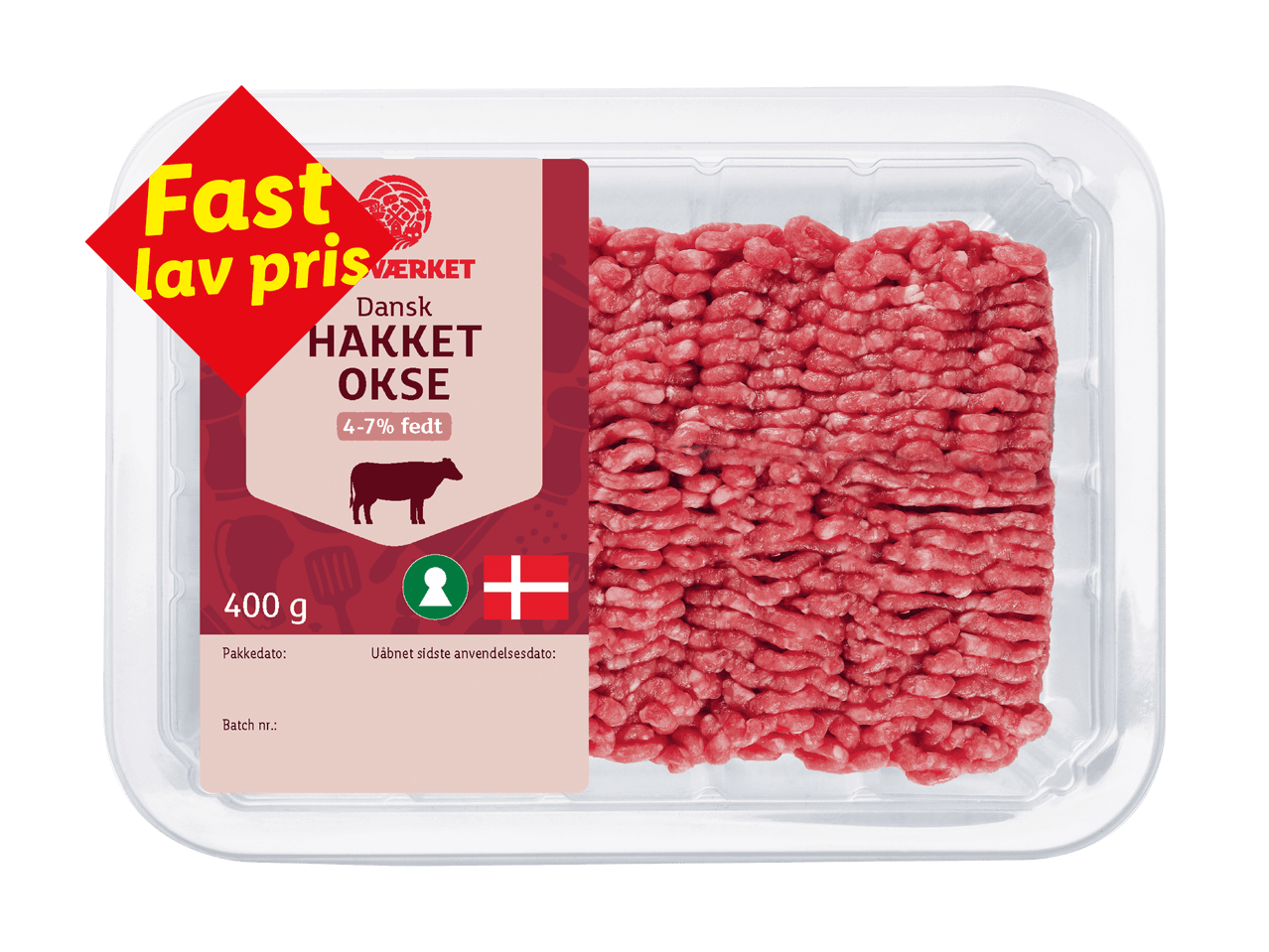 Pakke med hakket oksekød (4-7% fedt, 400g) med et 'Fast lav pris'-mærke.