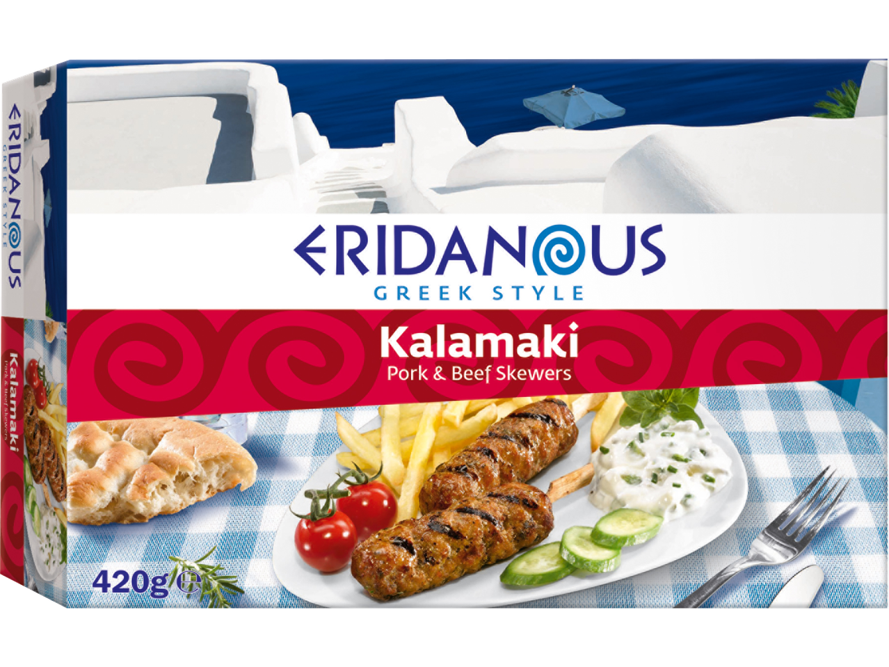 Eridanous grekiska Kalamäki, fläsk- och nötköttspett, 420g.