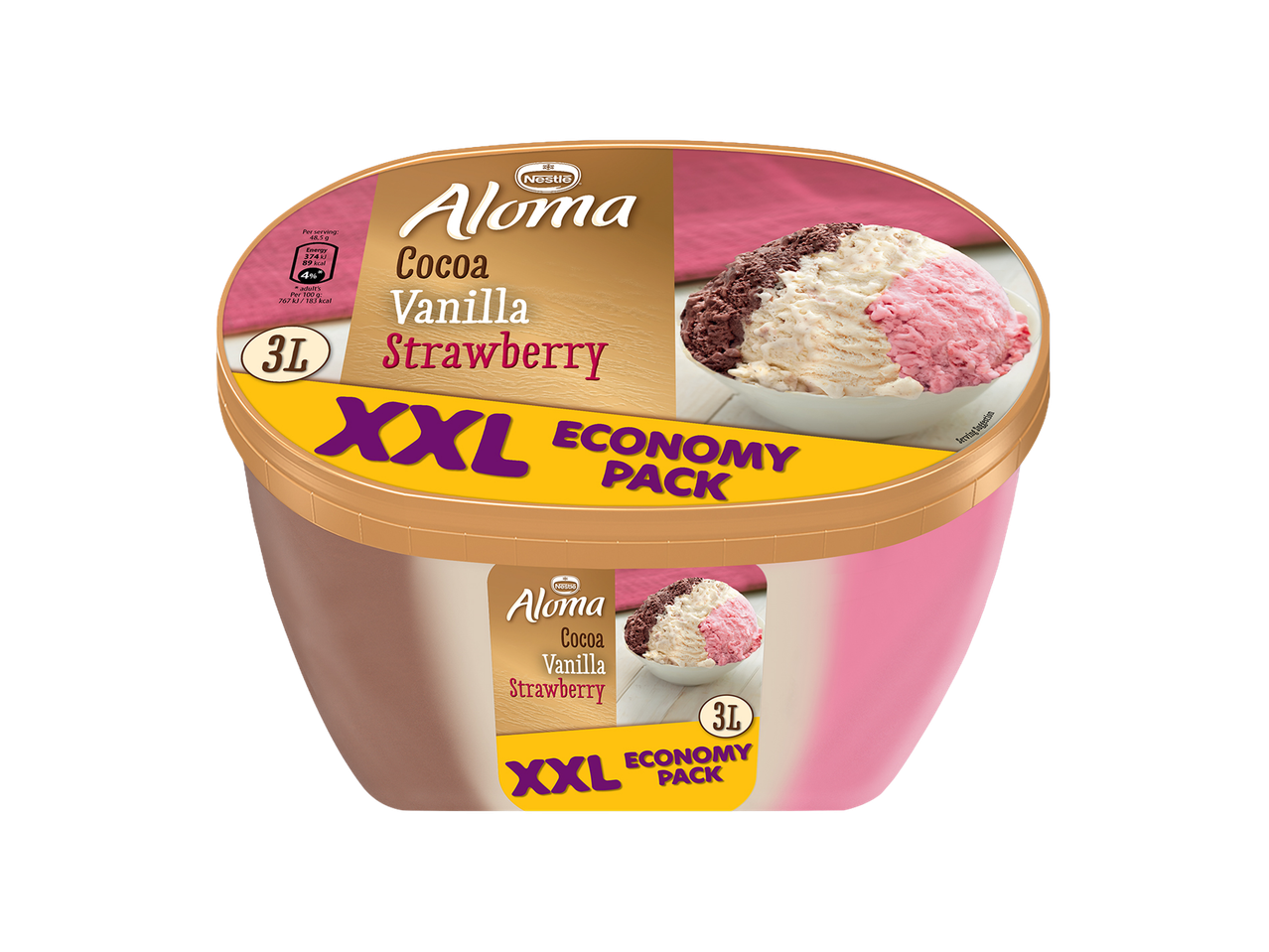ALOMA XXL sladoled sa ukusima kakaoa, vanile i jagode, ekonomično pakovanje od 3L.