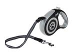 Retractable dog leash with a black and grey handle and a reflective black and grey strap.
