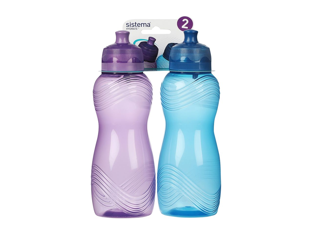 Two water bottles, one purple and one blue, with wavy textures, packaged together.