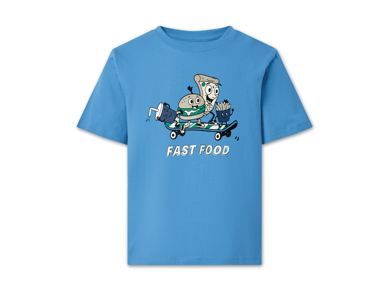 Blaues T-Shirt für Kinder mit lustigem Fast-Food-Motiv auf einem Skateboard.