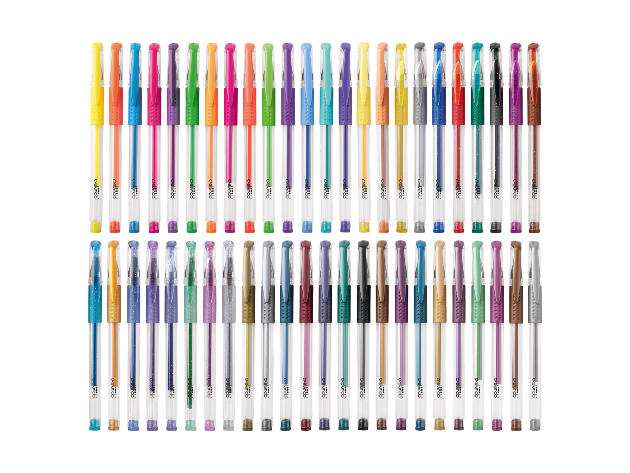 Et sæt med 48 farverige gelpenne, herunder neon-, pastel- og glitterfarver, arrangeret i to rækker.