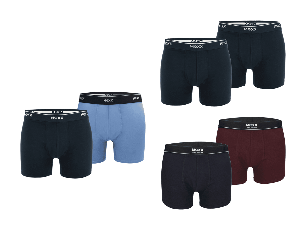 Eine Kollektion von Boxershorts der Marke Mexx für Herren in verschiedenen Farben.