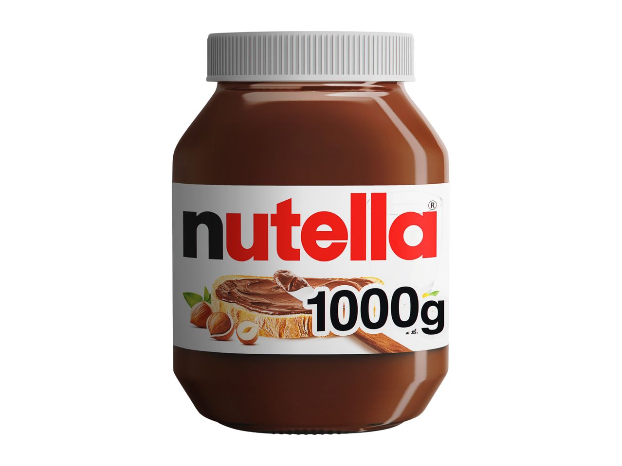 Jar of chocolate hazelnut spread with a label showing toast and hazelnuts, 1000g.