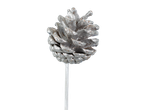 Silver decorative pine cone on a stem.