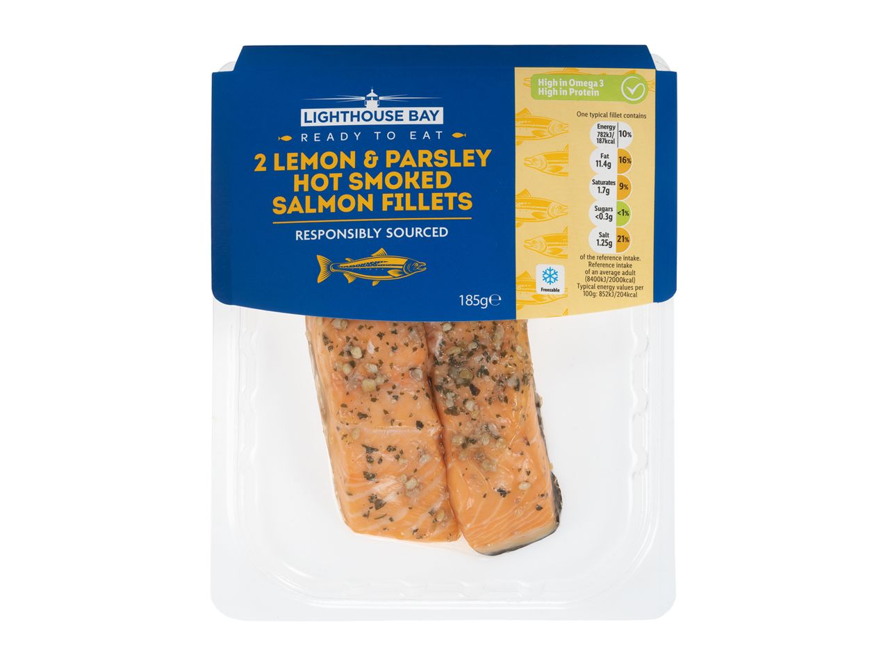Two Lighthouse Bay lemon & parsley hot smoked salmon fillets.
