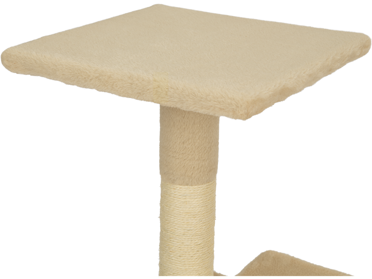Torre de arranhador para gato bege, com plataforma e tronco de sisal.
