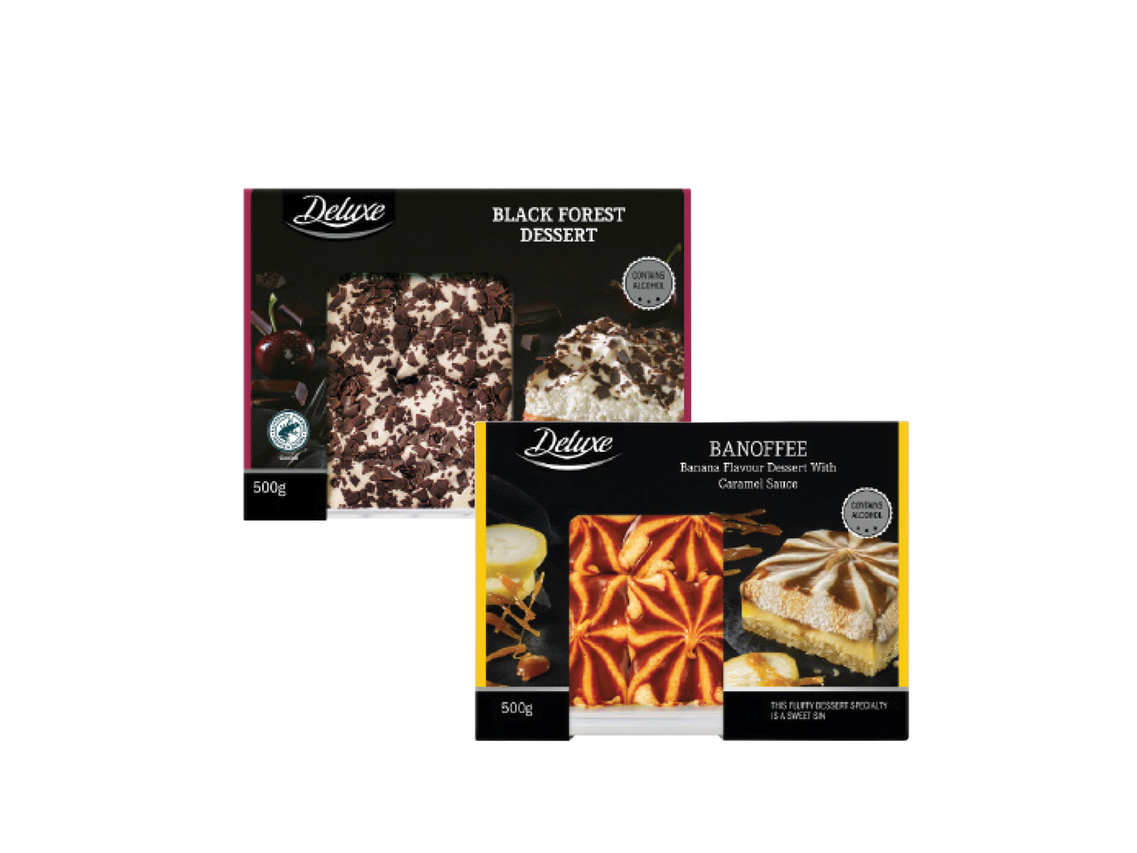 Du „Deluxe“ desertai: Juodojo miško desertas ir Bananų skonio desertas su karamelės padažu.