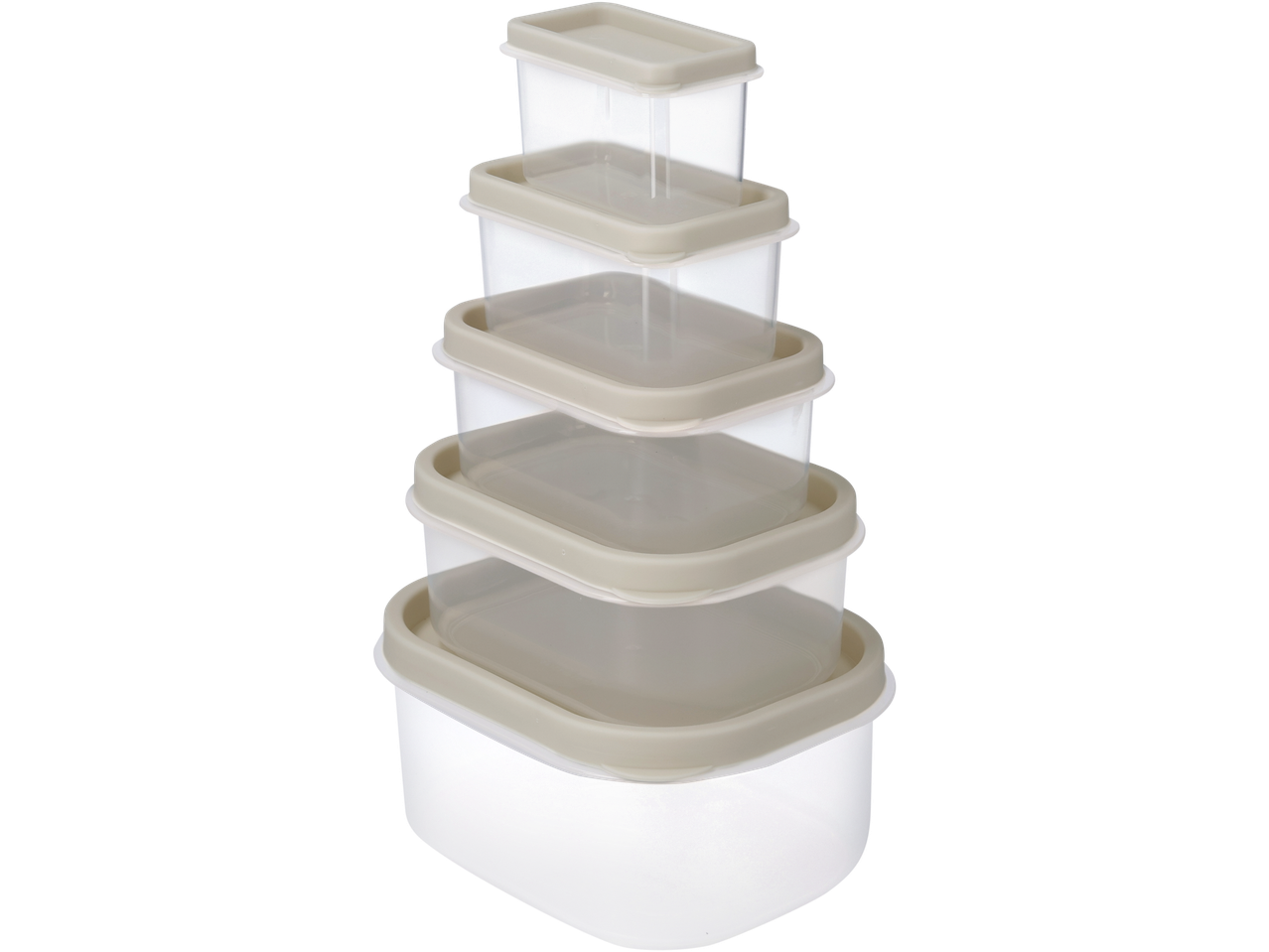 Sukrauti stačiakampiai plastikiniai maisto indai su kreminės spalvos dangteliais.
