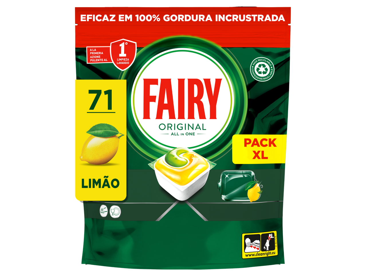 Embalagem de detergente para máquina de lavar loiça com 71 cápsulas de limão, tamanho XL.