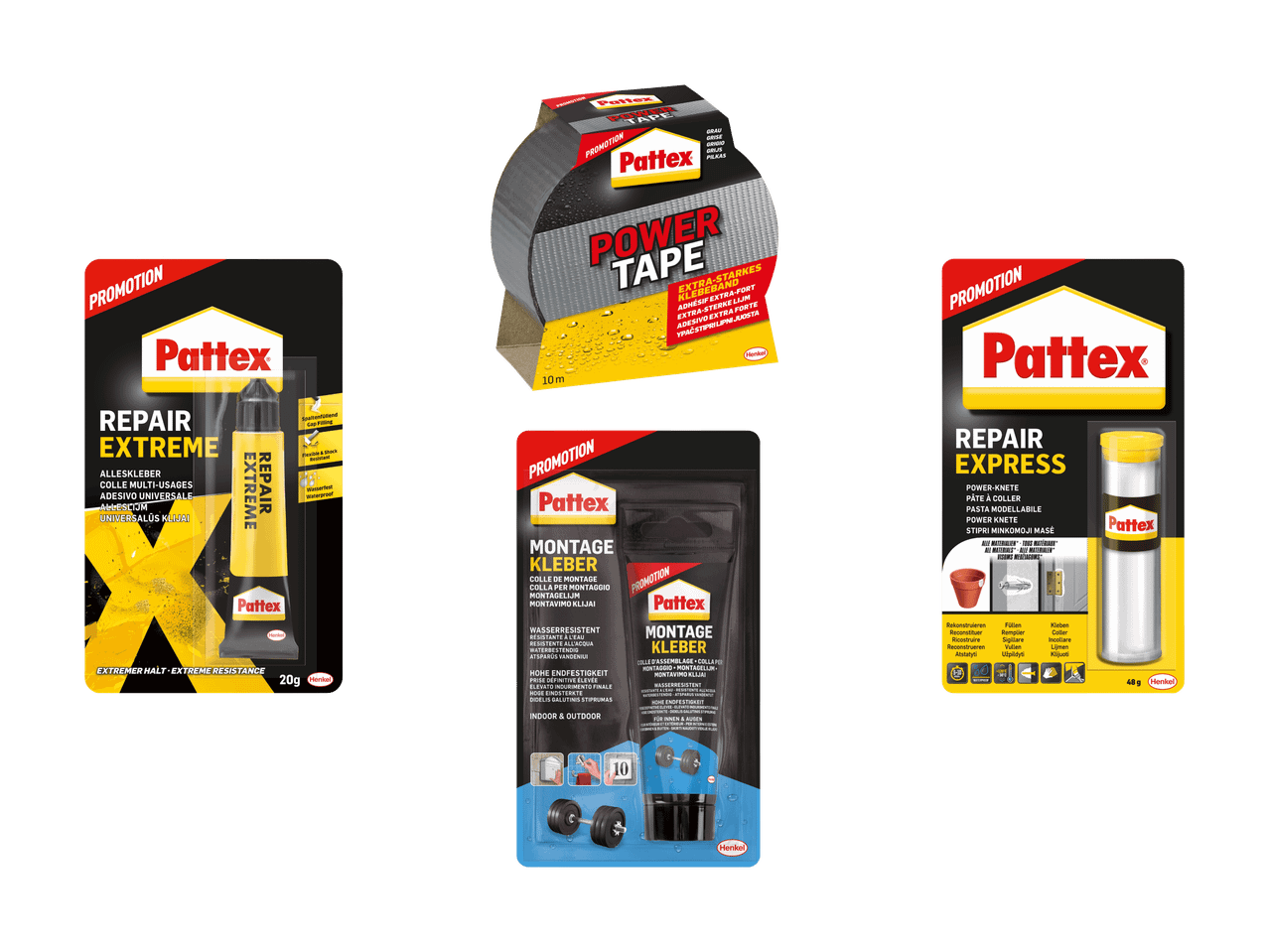 Drei Pattex-Produkte: Power Tape, Repair Extreme Klebstoff und Repair Express Knete.