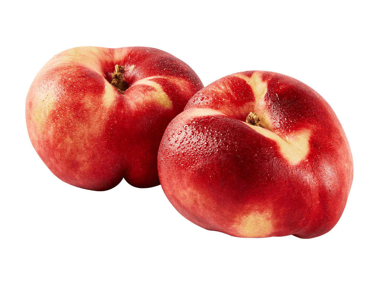 Una cassa di legno piena di pesche piatte rosse e gialle.