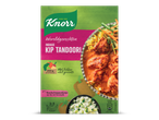 Verpakking van Indiase Kip Tandoori maaltijdpakket met rijst en saus.