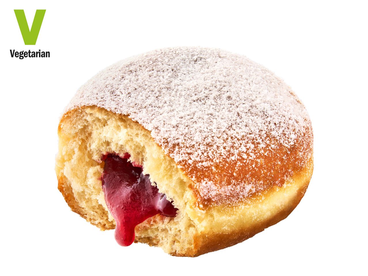 Jelly-filled Berliner, vegetarian pastry, dusted with powdered sugar.
