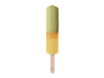 Gelado premium Gelatelli no palito com duas camadas: verde e amarelo.