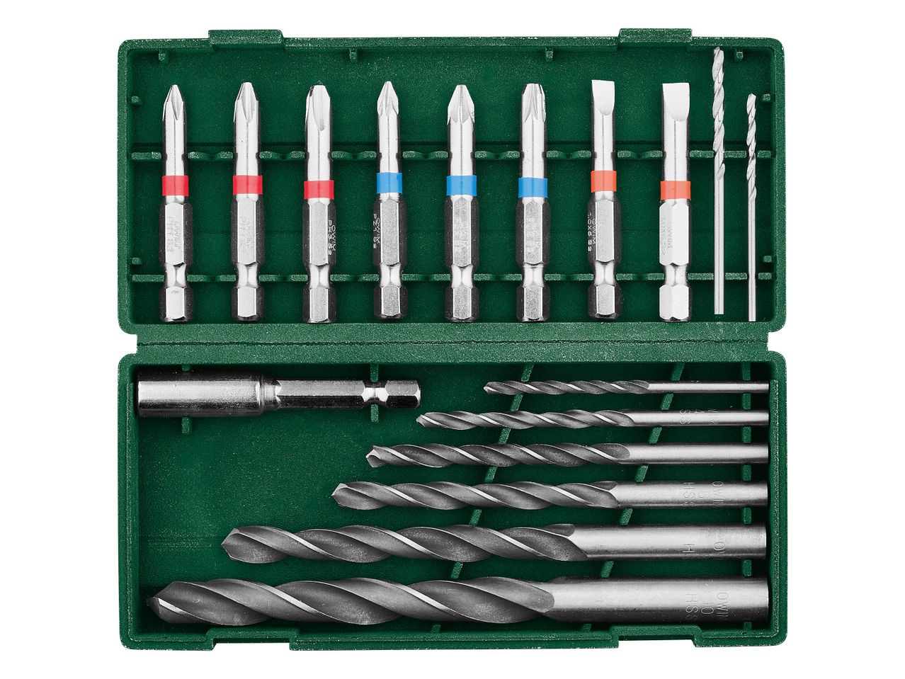 PARKSIDE screwdriver bits and HSS drill bits in a green case.