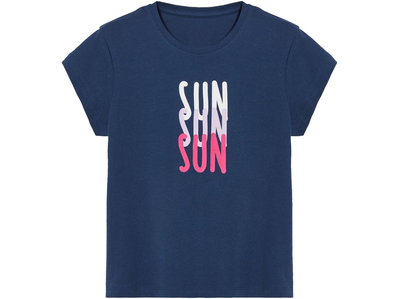 Navy blue t-shirt with 'SUN' printed in white, purple, and pink gradient.