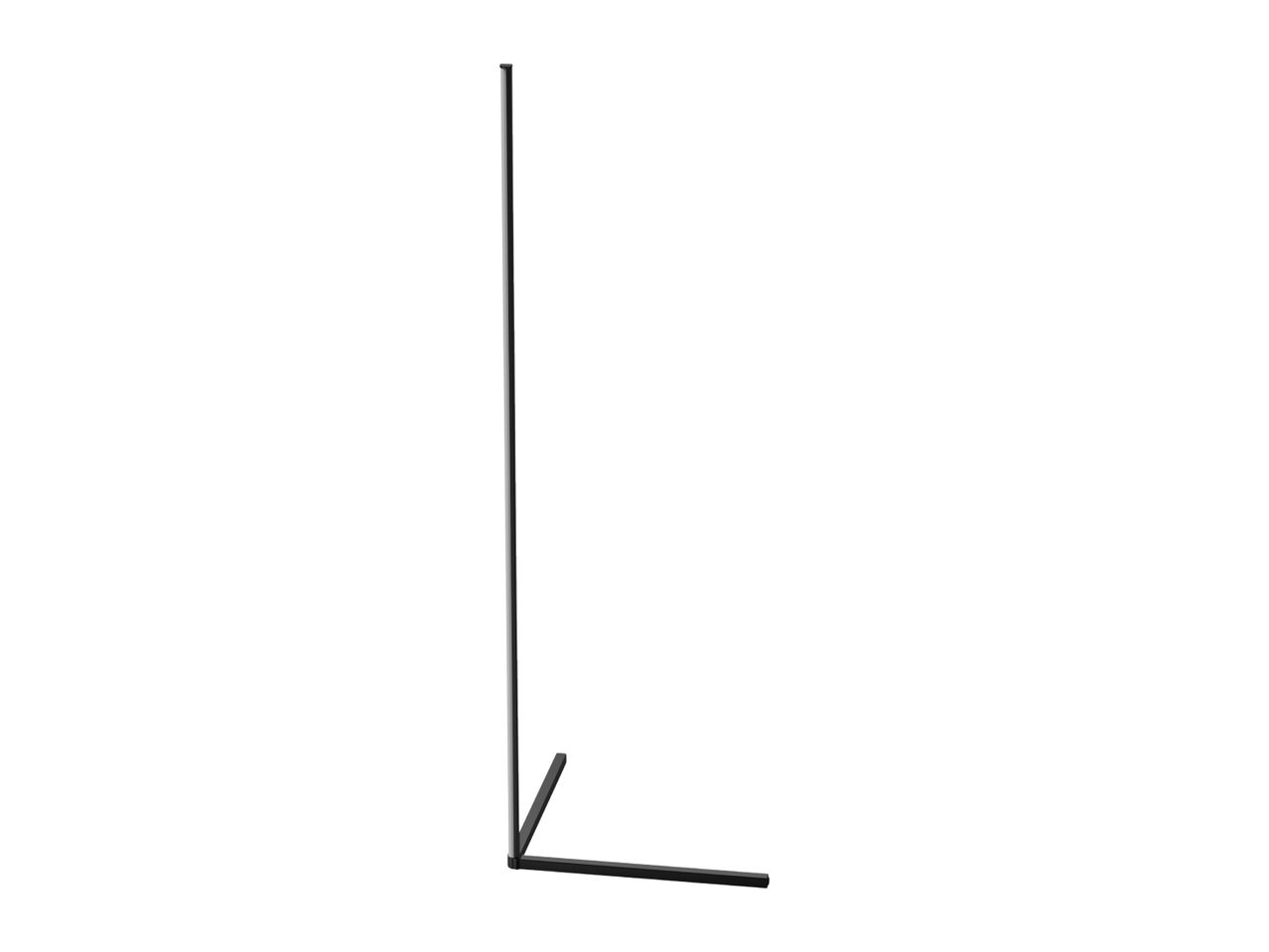 Black floor lamp with a minimalist design, featuring a vertical and horizontal bar.